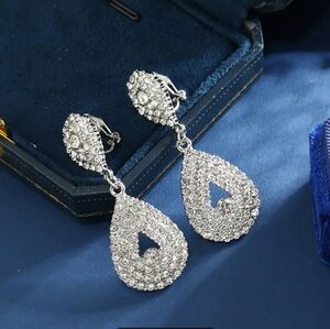 NWOT #2 Silvery Teardrop & Floral Design Cubic Zirconia Clip On EarringsSet